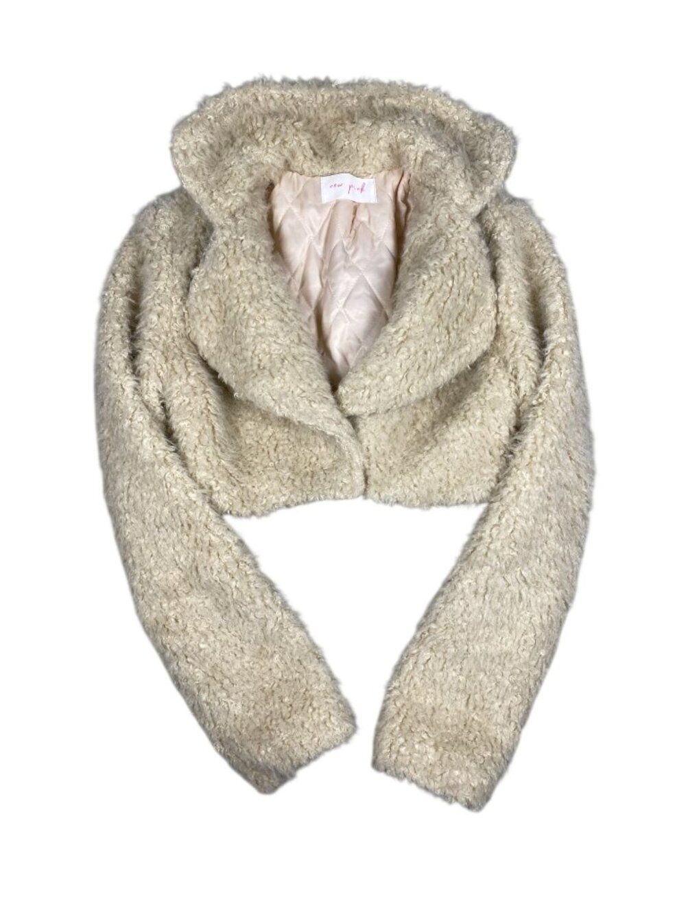 New Pink Womens Faux Shearling Cropped Jacket L Beige Polyester Lined